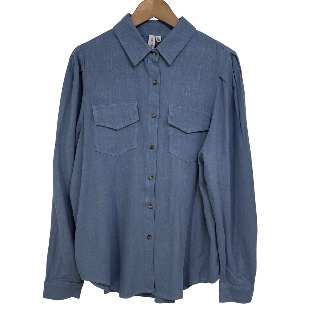 Grace + Karma Women XL Blue Linen Blend Button Down Utility Shirt Long Sleeve